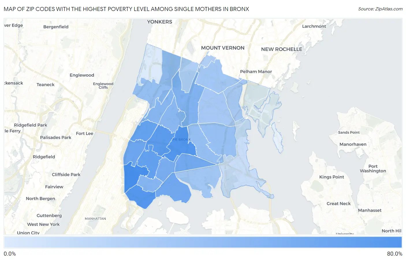 Zip Codes with the Highest Poverty Level Among Single Mothers in Bronx Map