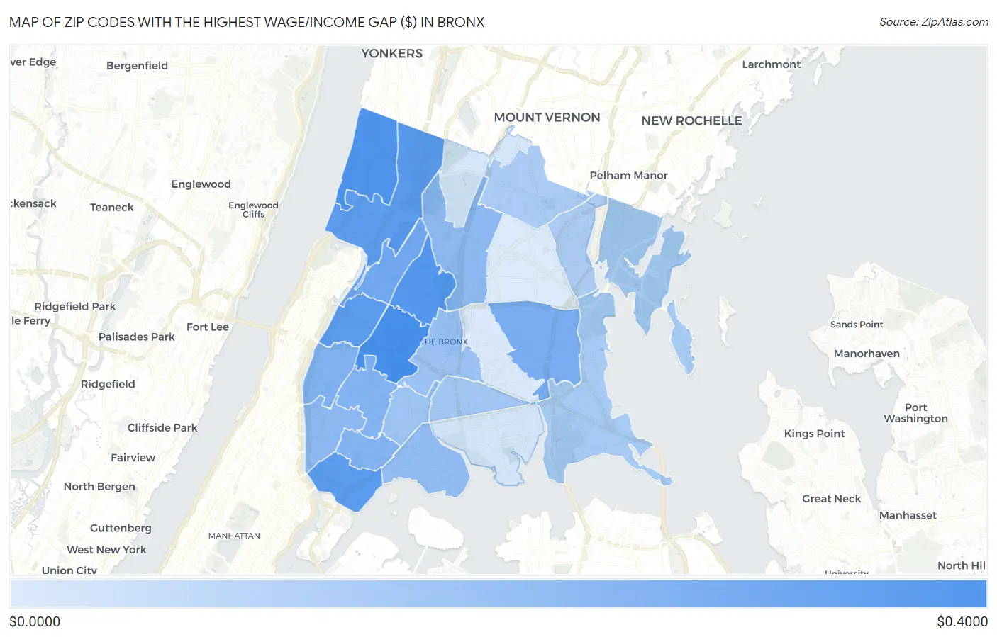 Zip Codes with the Highest Wage/Income Gap ($) in Bronx Map