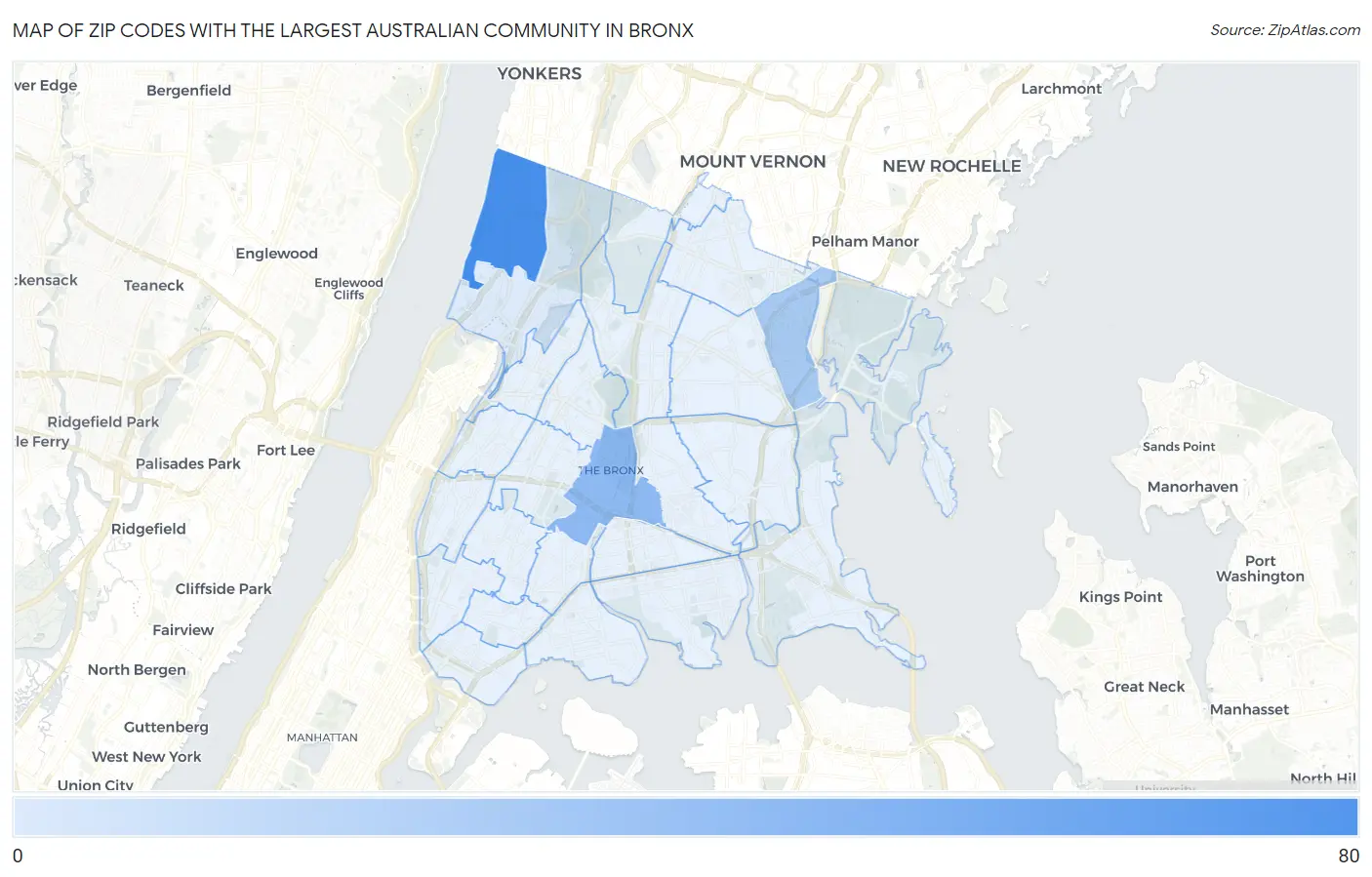 Zip Codes with the Largest Australian Community in Bronx Map