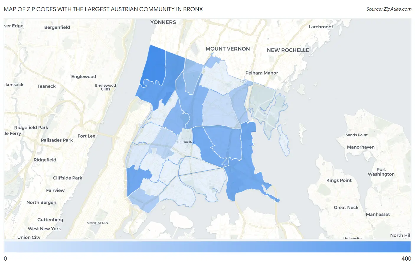 Zip Codes with the Largest Austrian Community in Bronx Map