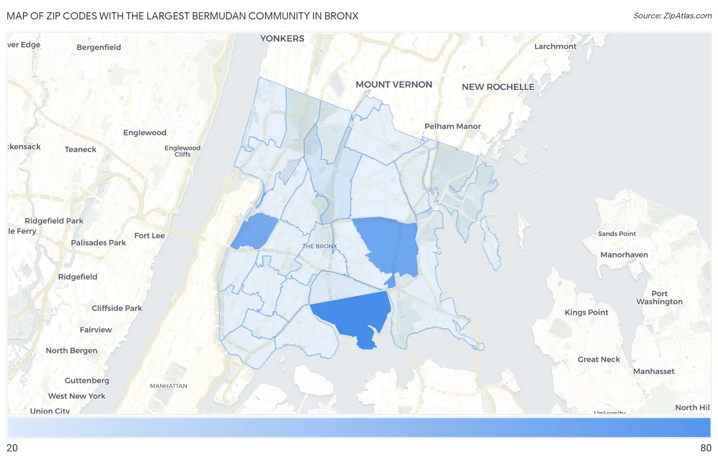 Zip Codes with the Largest Bermudan Community in Bronx Map