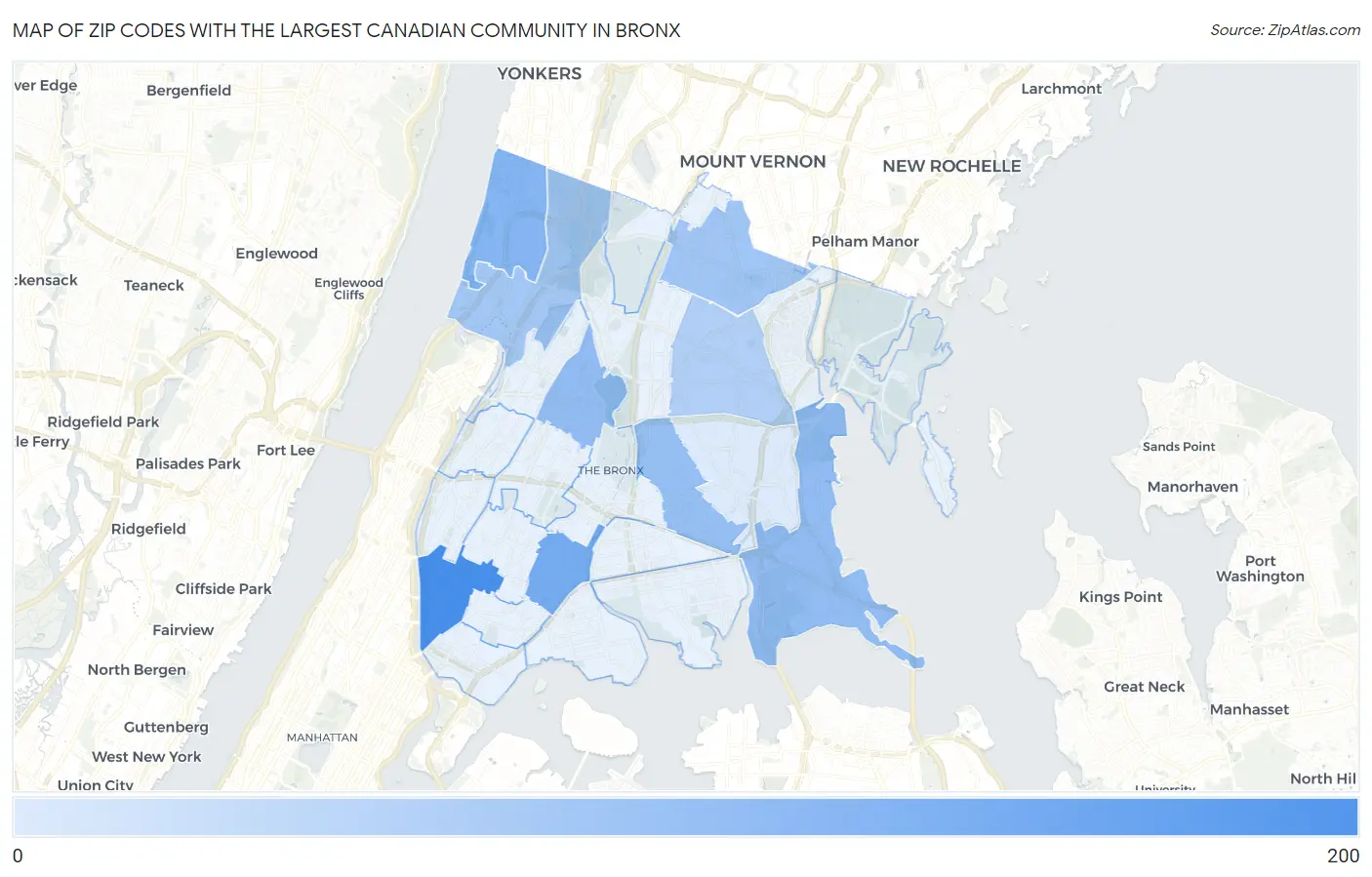 Zip Codes with the Largest Canadian Community in Bronx Map