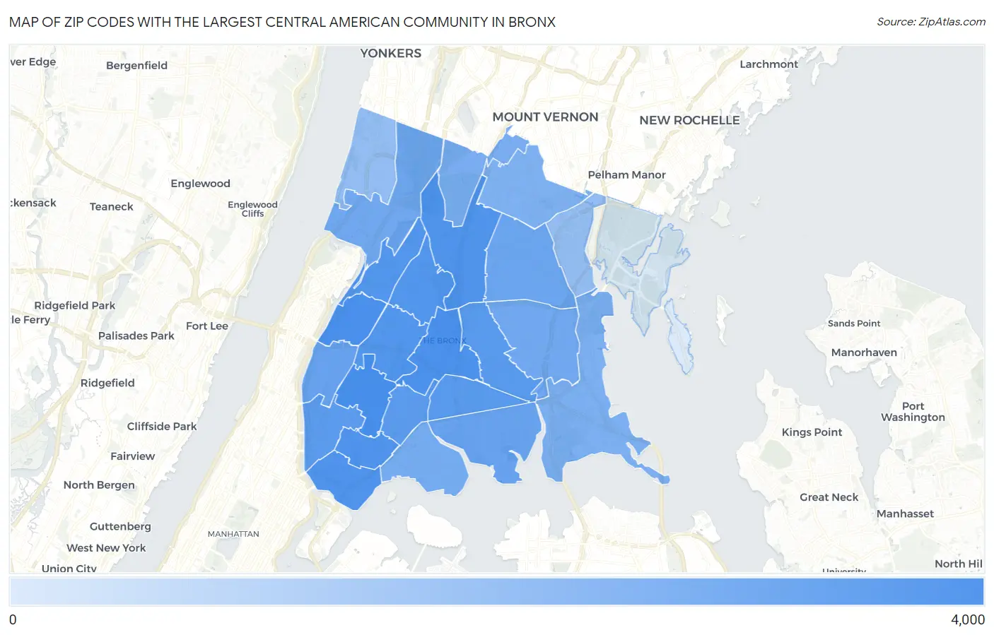 Zip Codes with the Largest Central American Community in Bronx Map