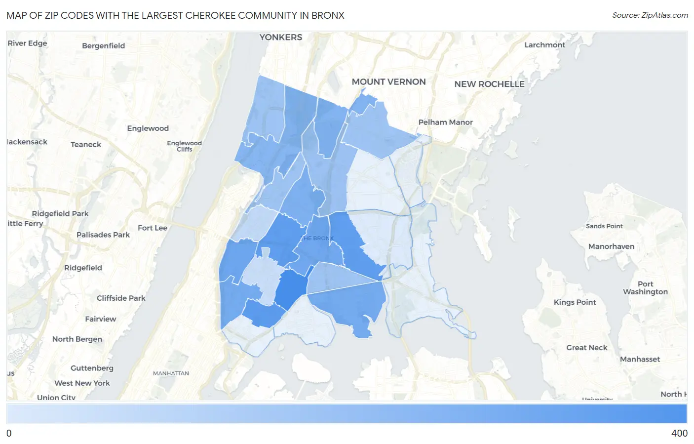 Zip Codes with the Largest Cherokee Community in Bronx Map