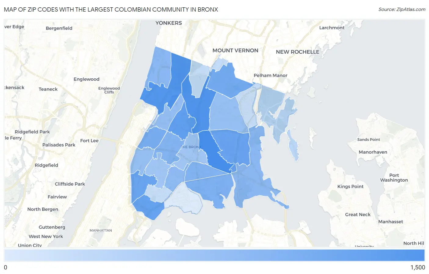 Zip Codes with the Largest Colombian Community in Bronx Map