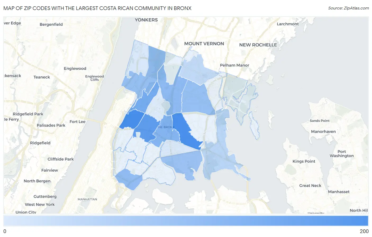 Zip Codes with the Largest Costa Rican Community in Bronx Map