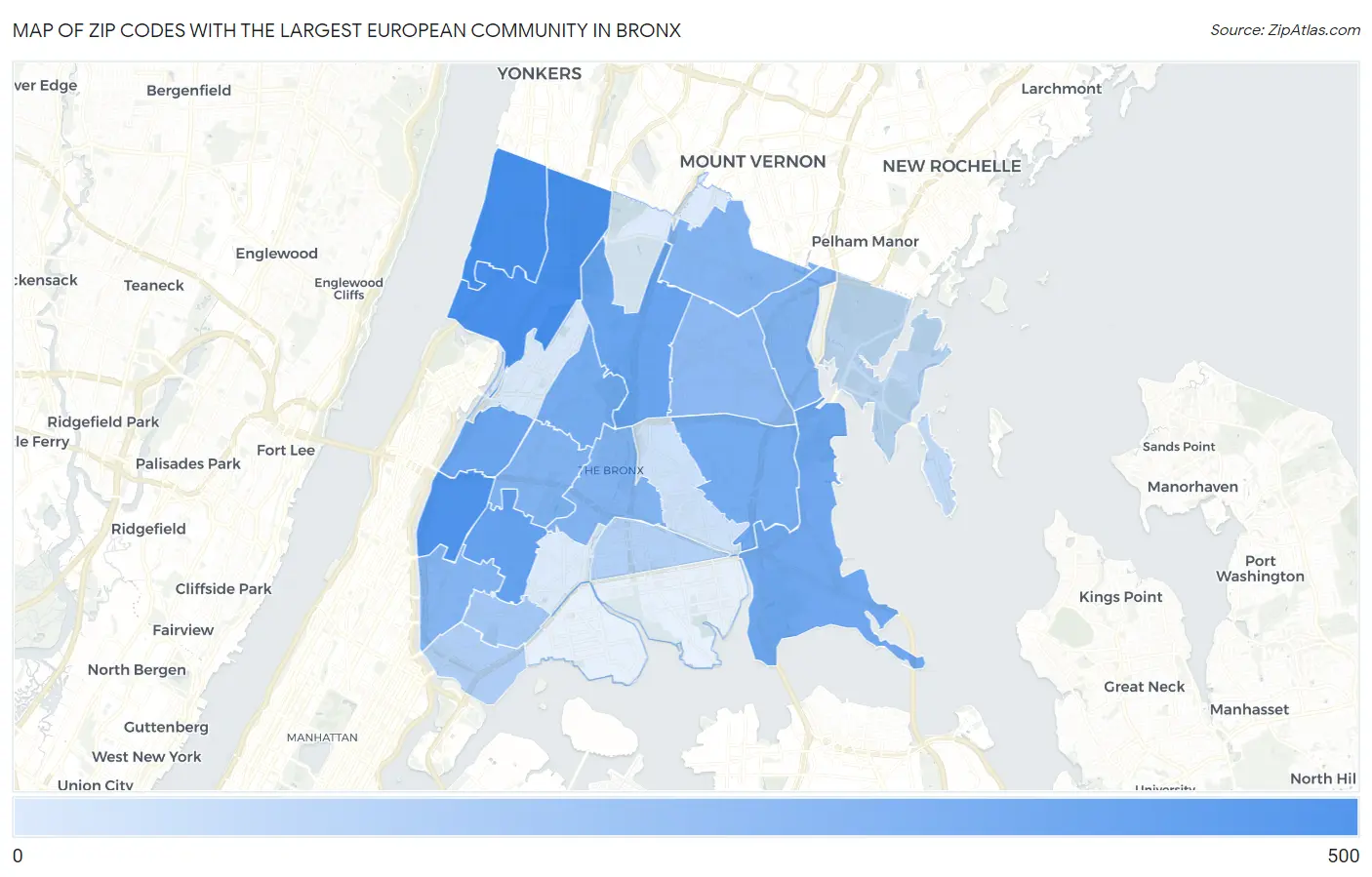 Zip Codes with the Largest European Community in Bronx Map