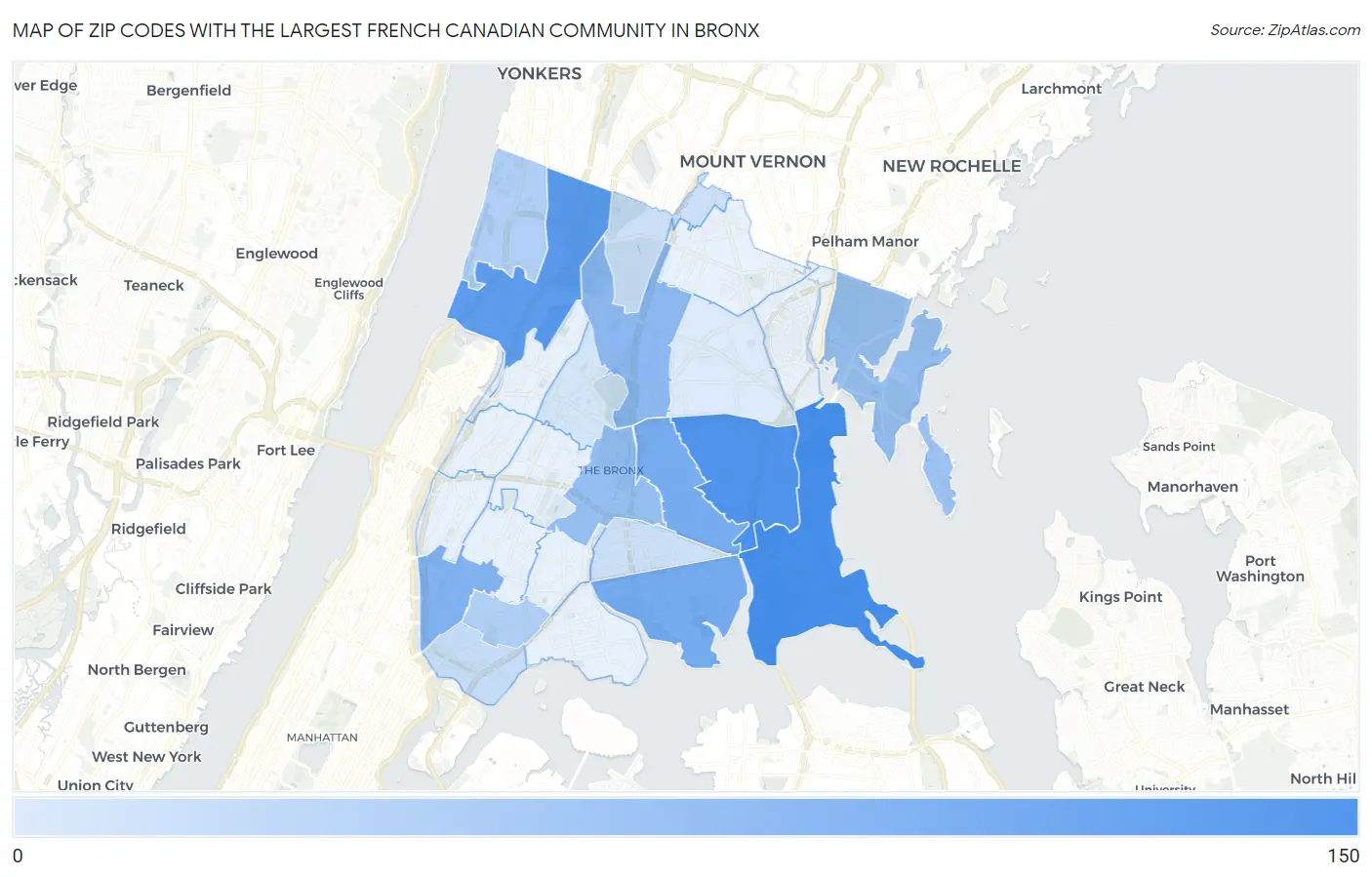 Zip Codes with the Largest French Canadian Community in Bronx Map