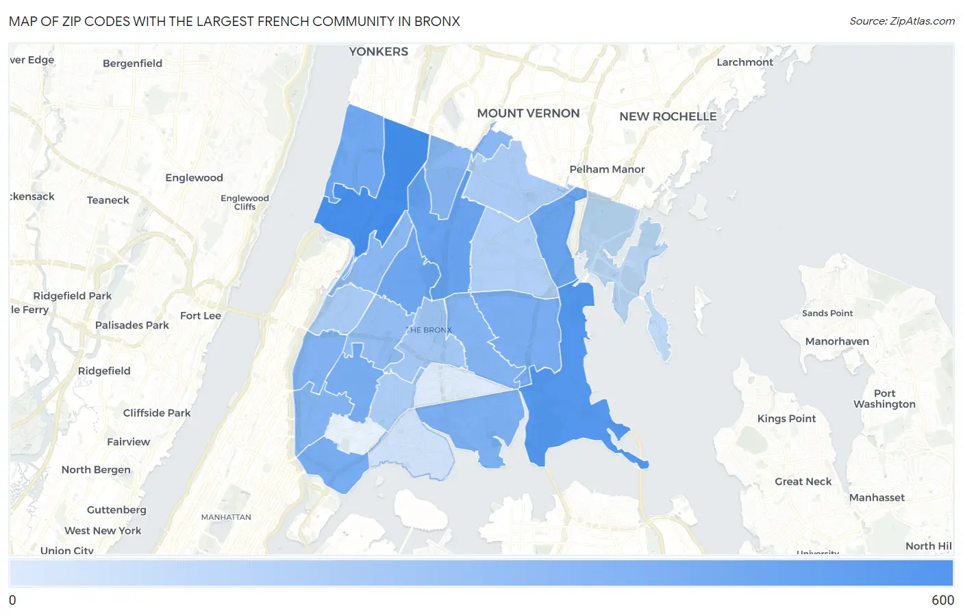 Zip Codes with the Largest French Community in Bronx Map