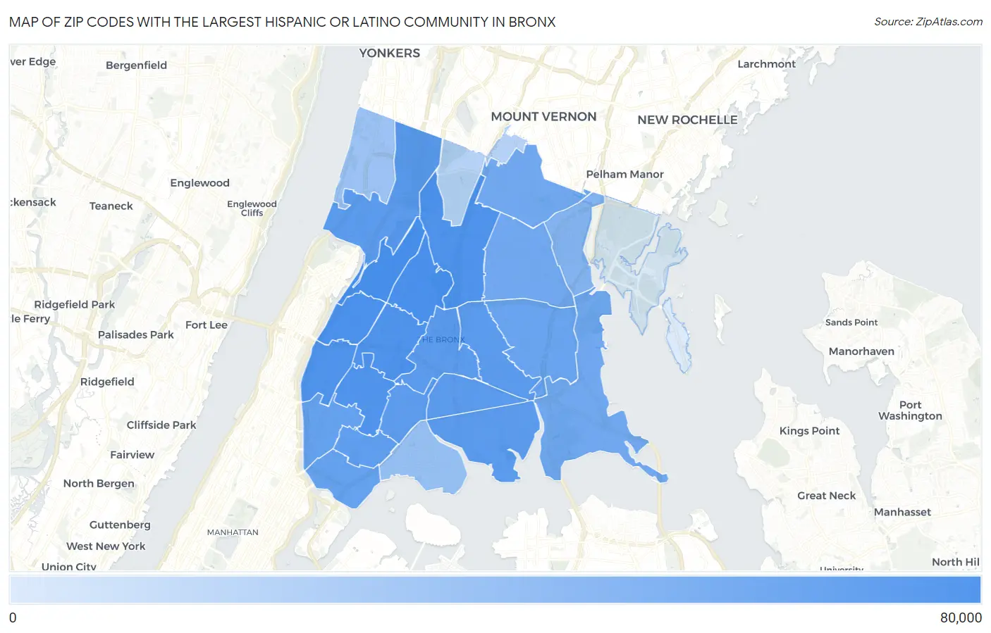 Zip Codes with the Largest Hispanic or Latino Community in Bronx Map