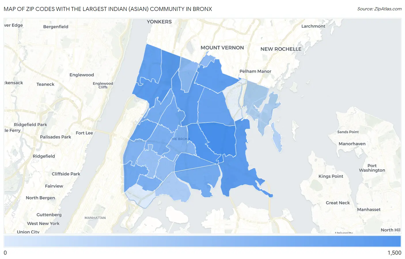 Zip Codes with the Largest Indian (Asian) Community in Bronx Map