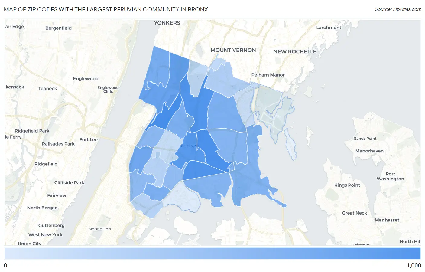 Zip Codes with the Largest Peruvian Community in Bronx Map