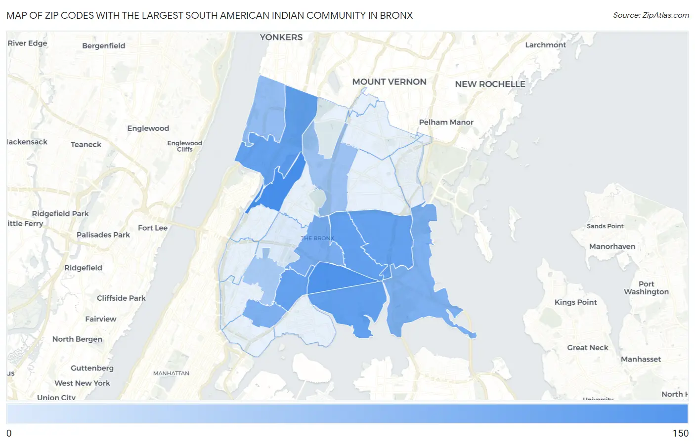 Zip Codes with the Largest South American Indian Community in Bronx Map