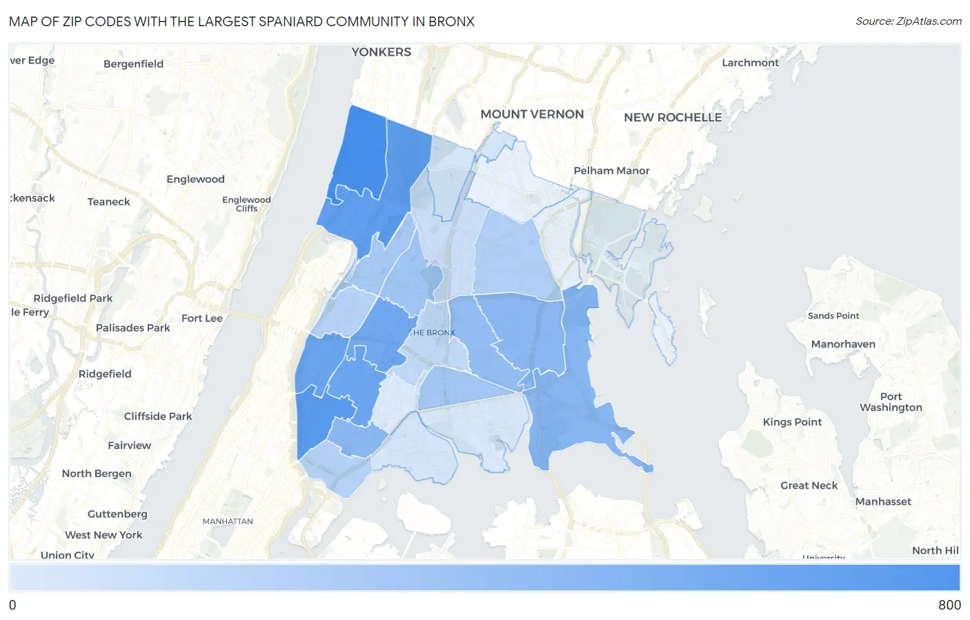 Zip Codes with the Largest Spaniard Community in Bronx Map