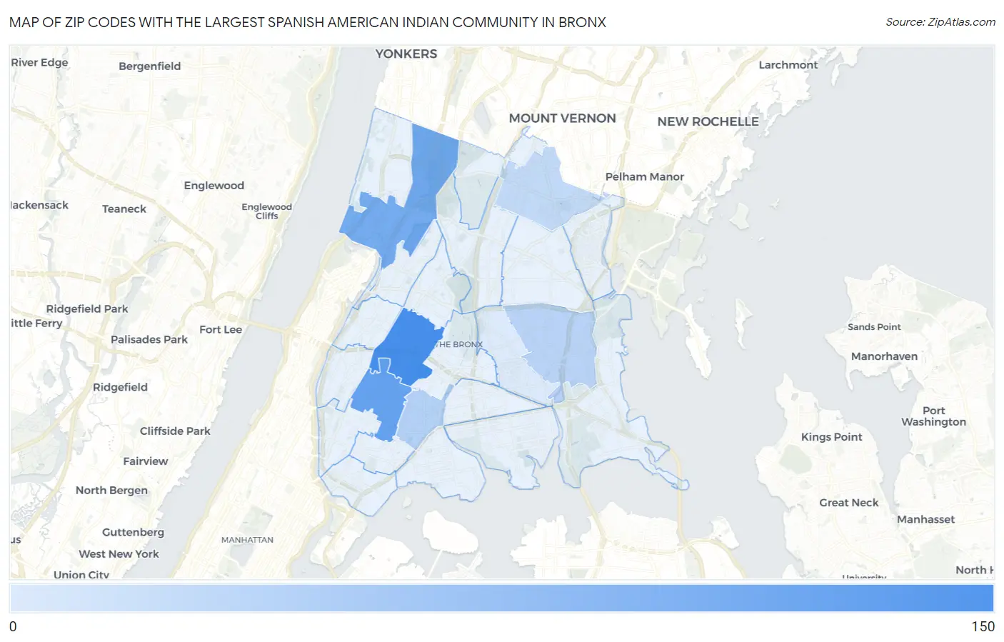 Zip Codes with the Largest Spanish American Indian Community in Bronx Map