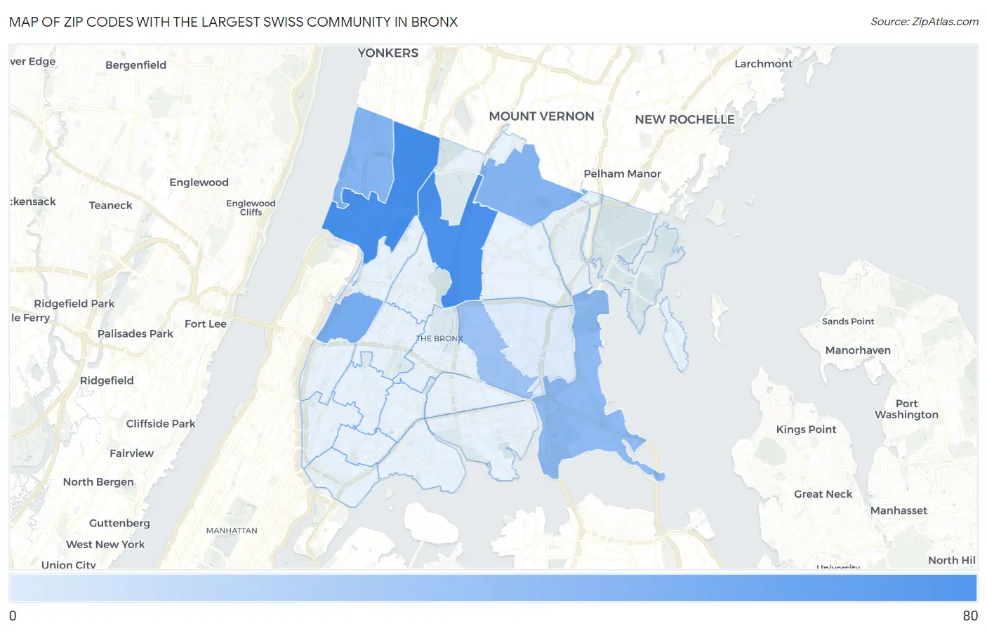 Zip Codes with the Largest Swiss Community in Bronx Map