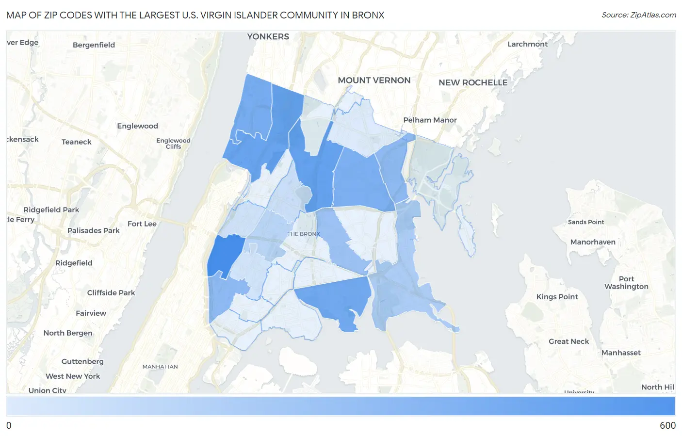 Zip Codes with the Largest U.S. Virgin Islander Community in Bronx Map