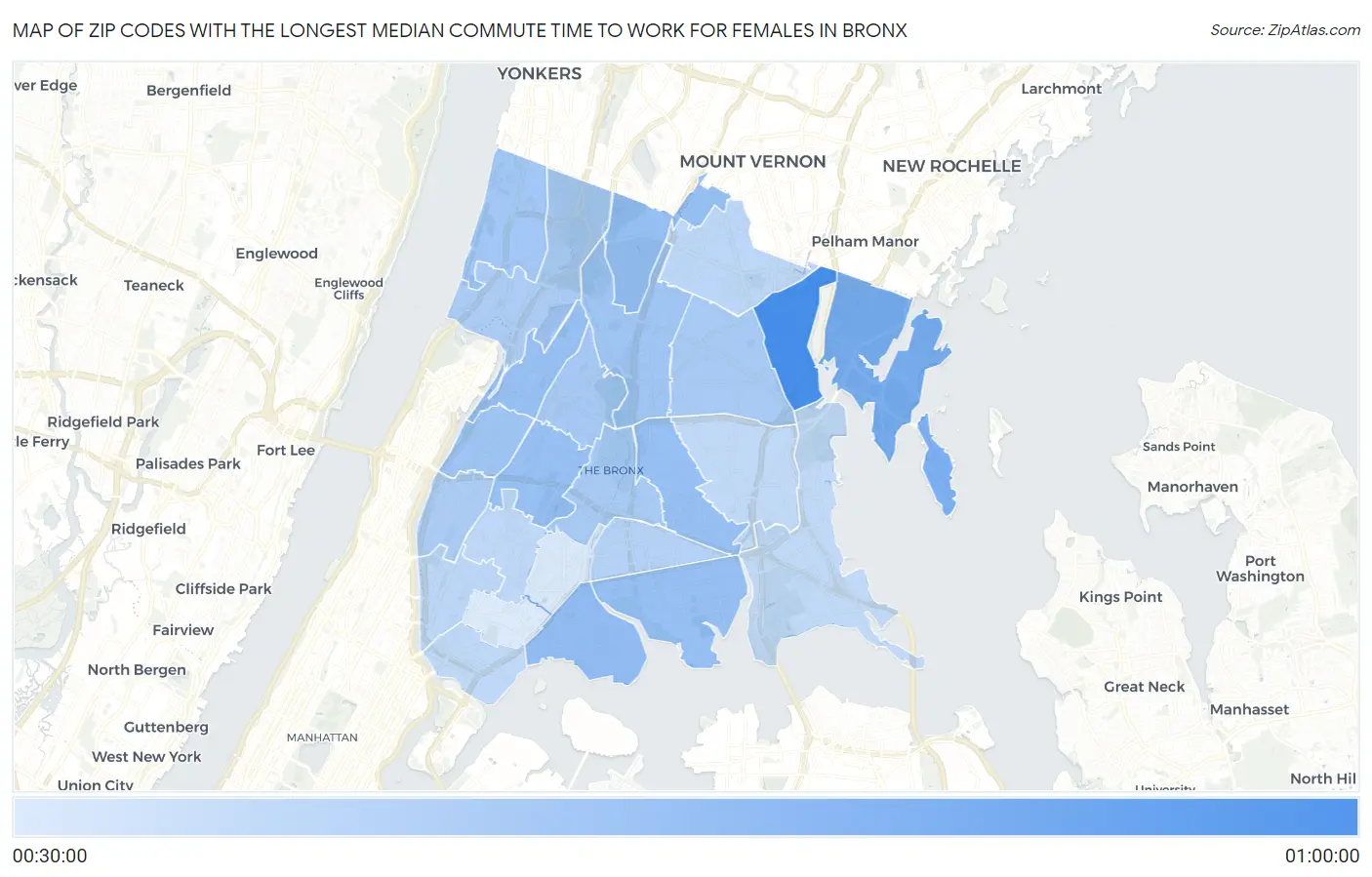 Zip Codes with the Longest Median Commute Time to Work for Females in Bronx Map