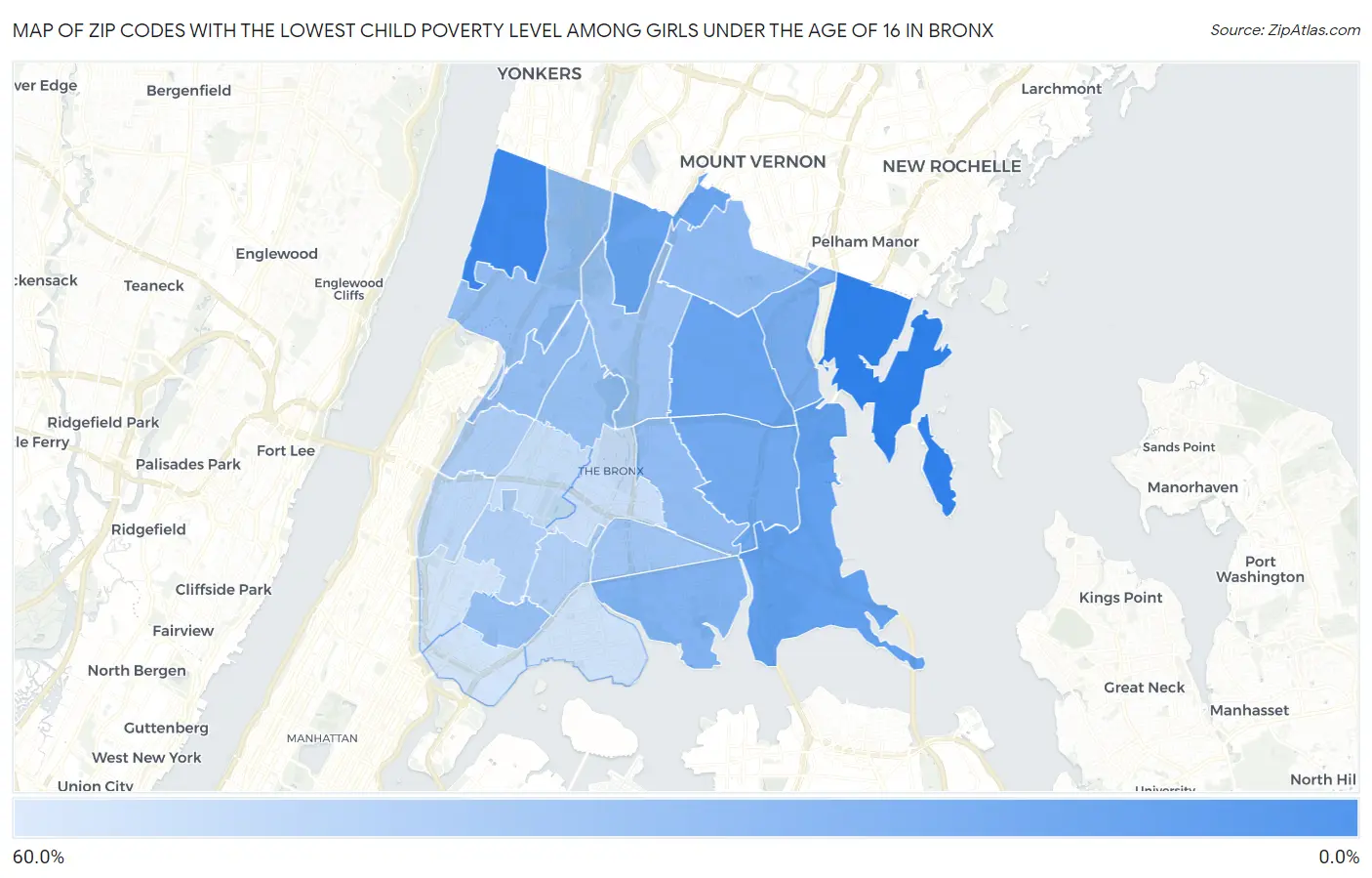 Zip Codes with the Lowest Child Poverty Level Among Girls Under the Age of 16 in Bronx Map
