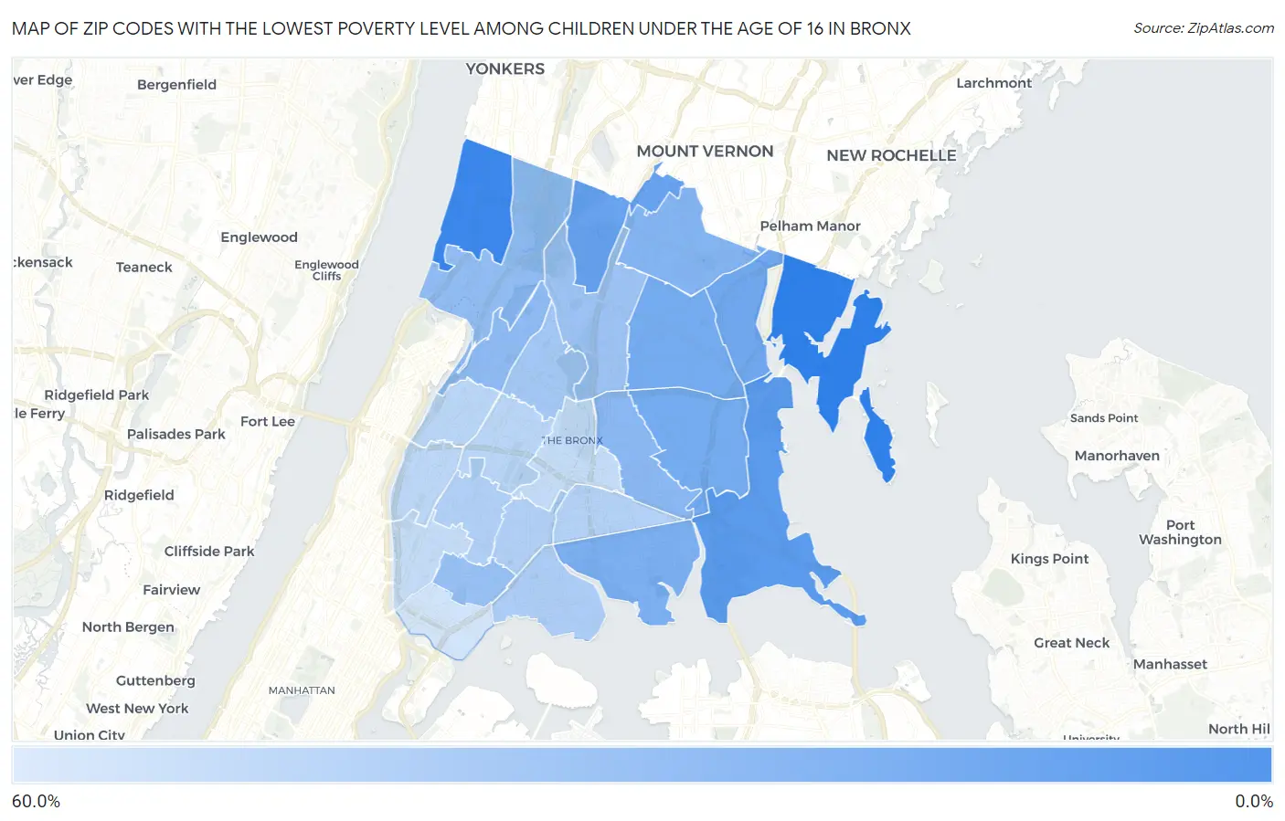 Zip Codes with the Lowest Poverty Level Among Children Under the Age of 16 in Bronx Map