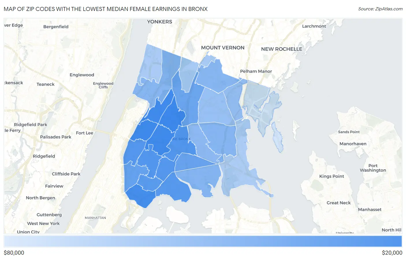 Zip Codes with the Lowest Median Female Earnings in Bronx Map