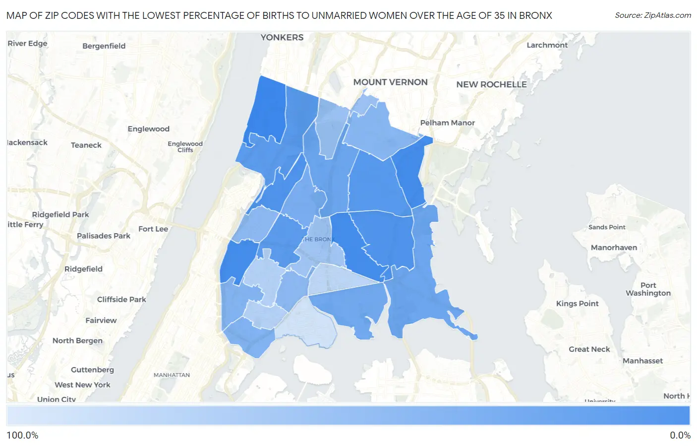 Zip Codes with the Lowest Percentage of Births to Unmarried Women over the Age of 35 in Bronx Map
