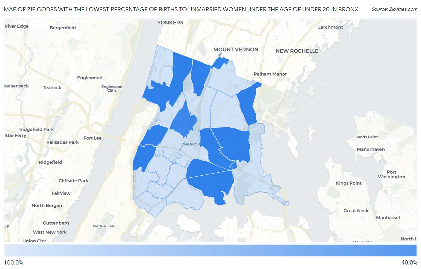 Zip Codes with the Lowest Percentage of Births to Unmarried Women under the Age of under 20 in Bronx Map