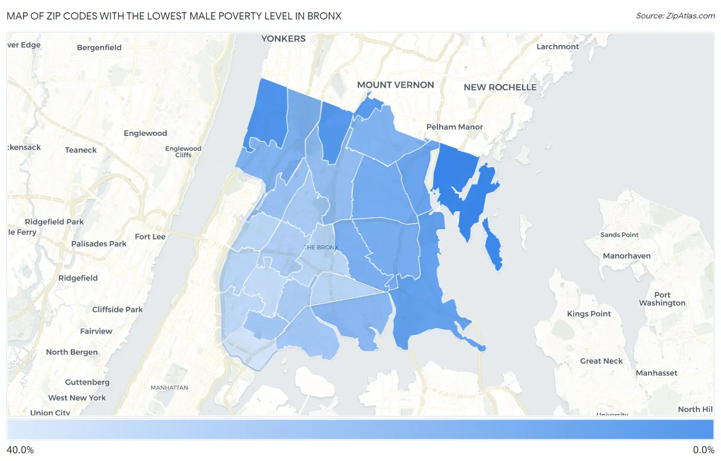 Zip Codes with the Lowest Male Poverty Level in Bronx Map