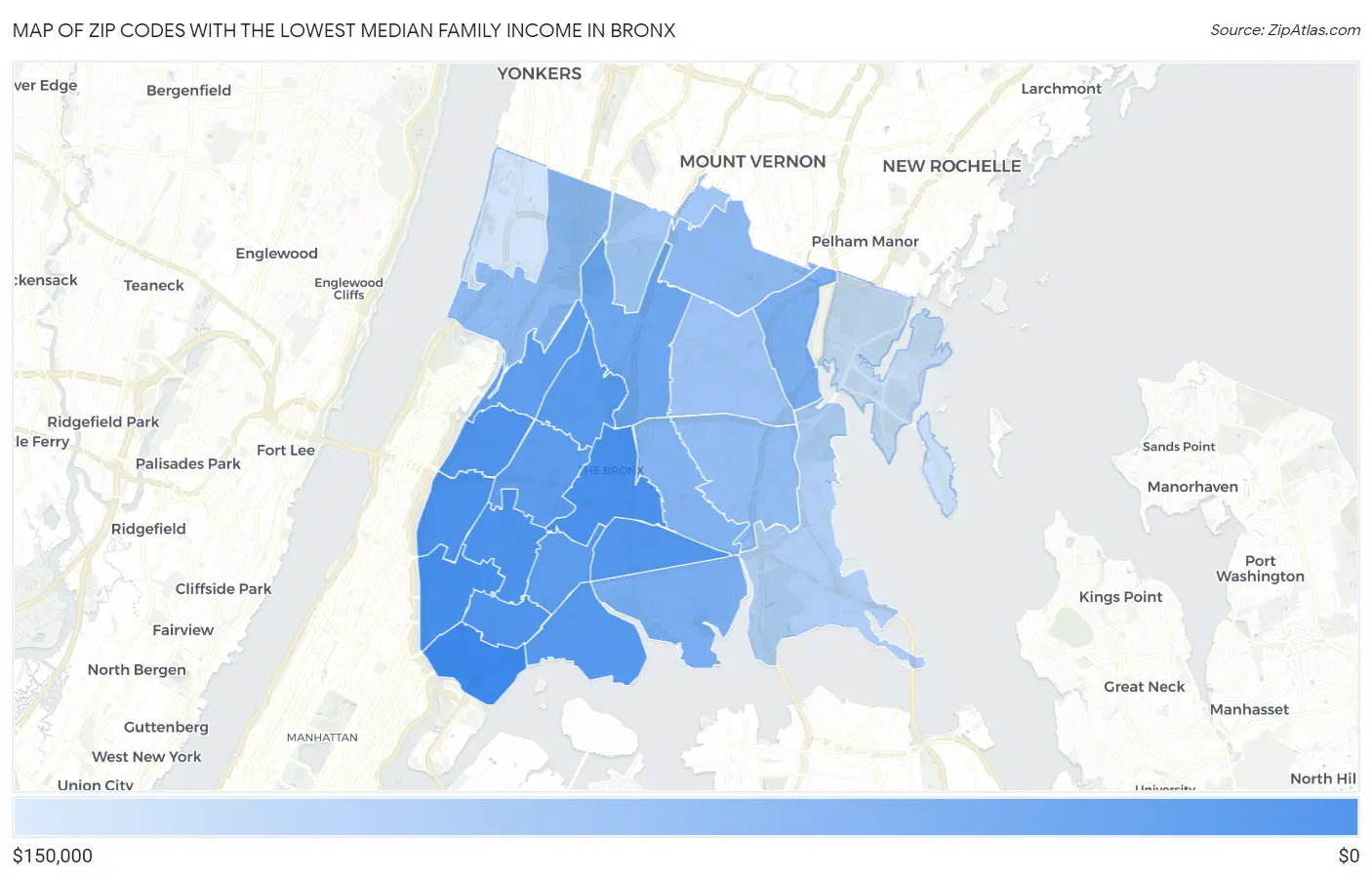 Zip Codes with the Lowest Median Family Income in Bronx Map