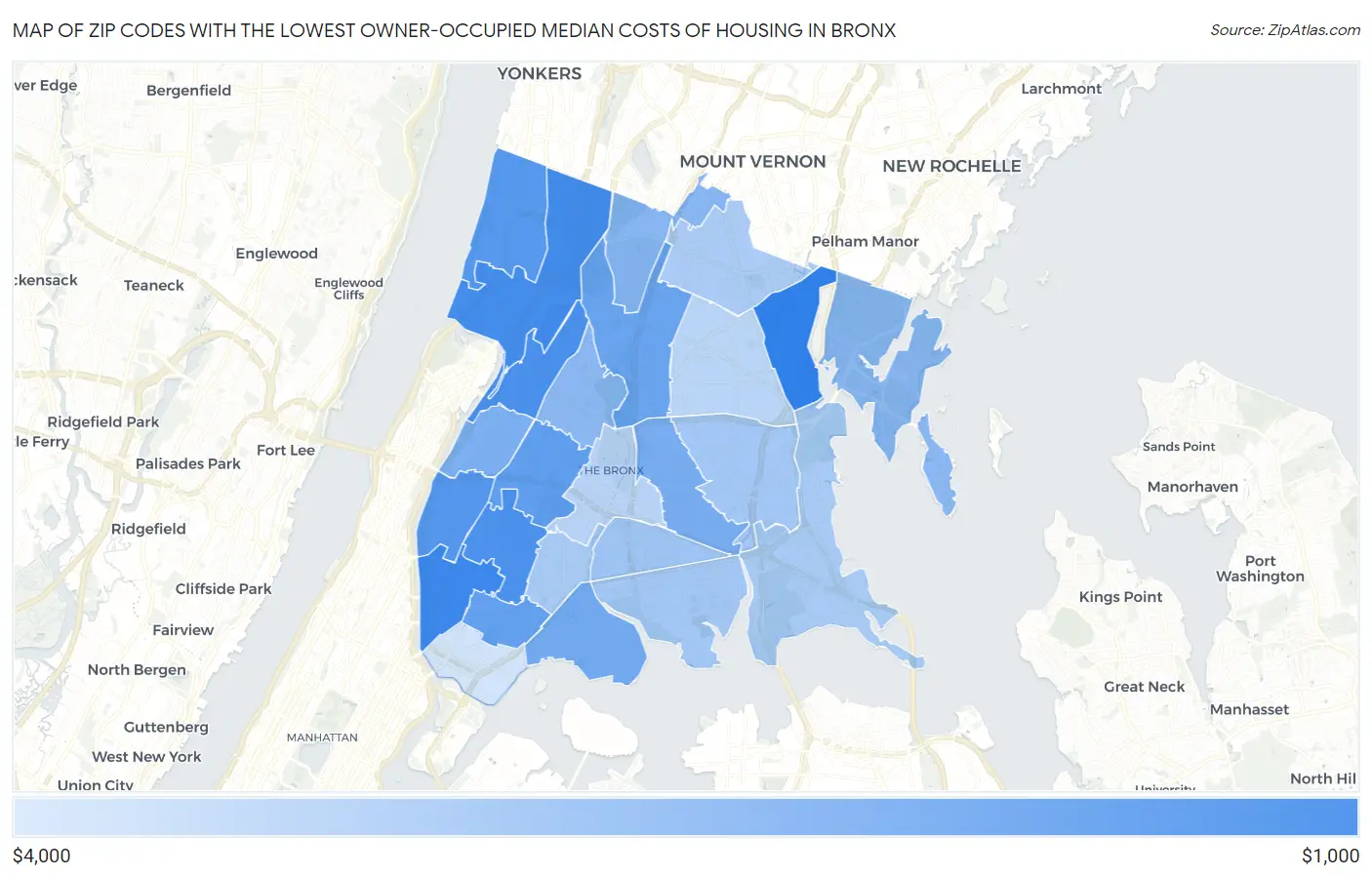 Zip Codes with the Lowest Owner-Occupied Median Costs of Housing in Bronx Map
