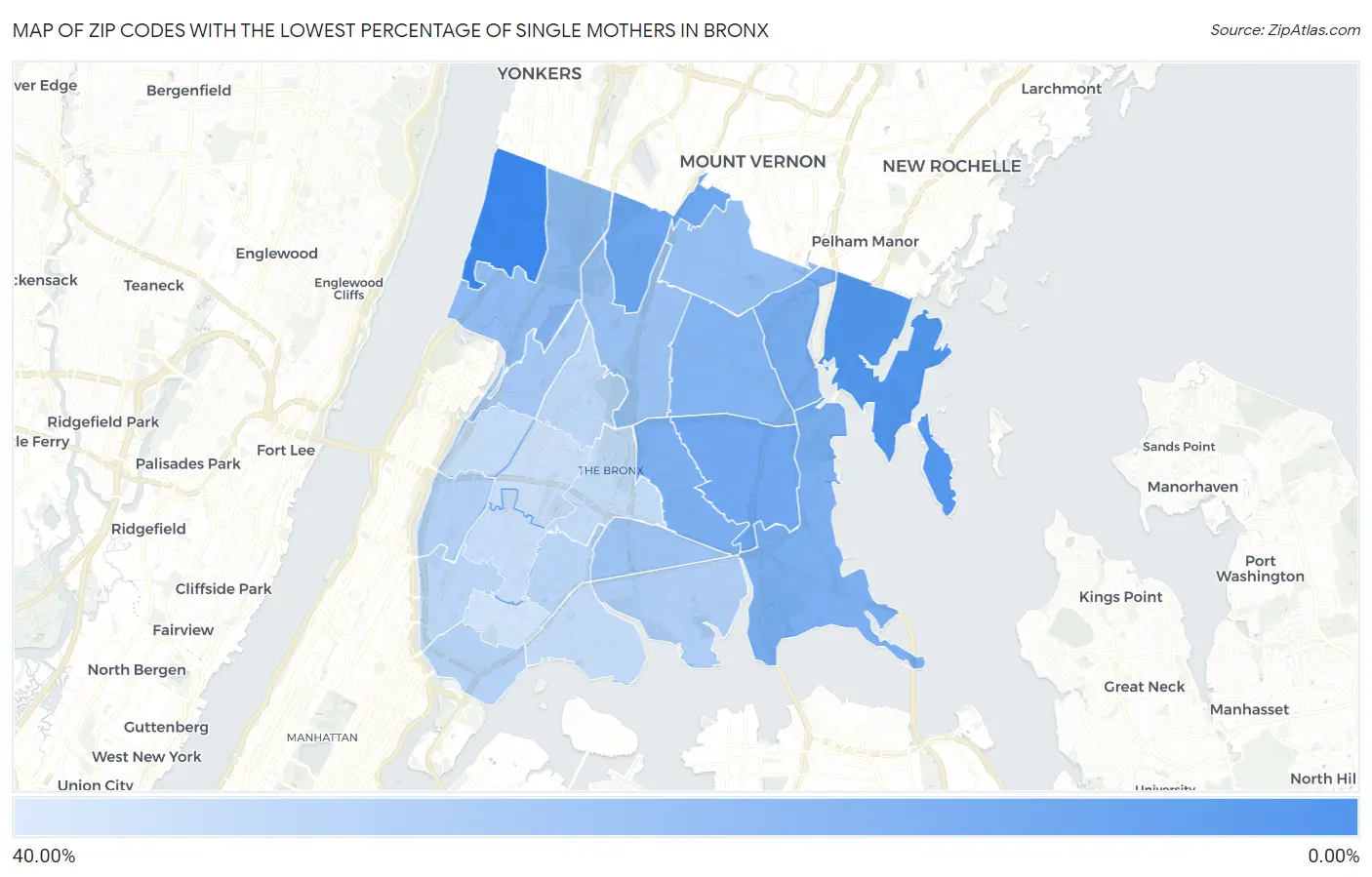 Zip Codes with the Lowest Percentage of Single Mothers in Bronx Map