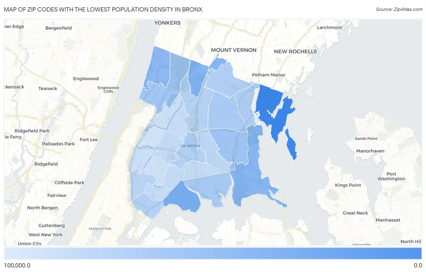 Zip Codes with the Lowest Population Density in Bronx Map