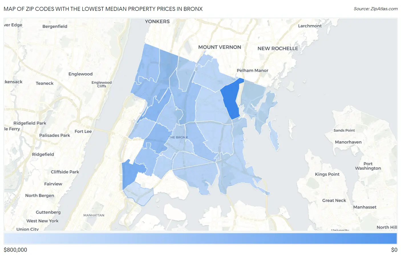 Zip Codes with the Lowest Median Property Prices in Bronx Map