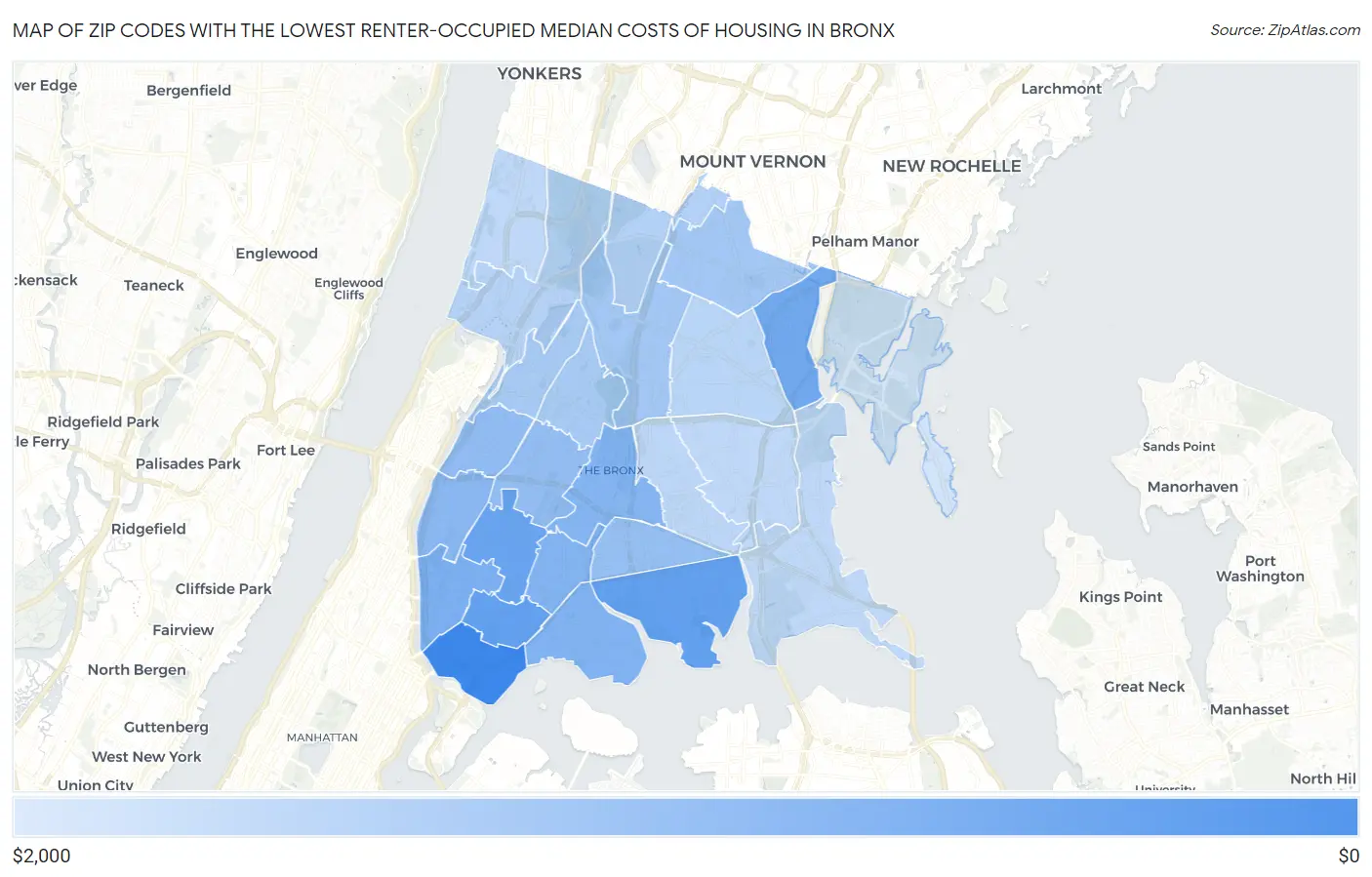 Zip Codes with the Lowest Renter-Occupied Median Costs of Housing in Bronx Map
