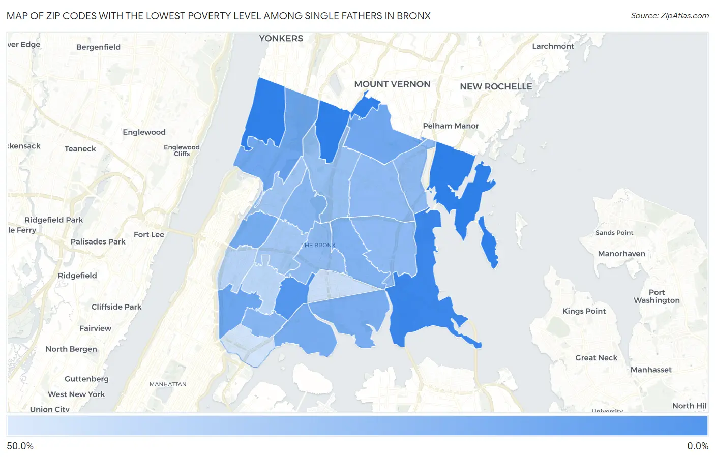 Zip Codes with the Lowest Poverty Level Among Single Fathers in Bronx Map