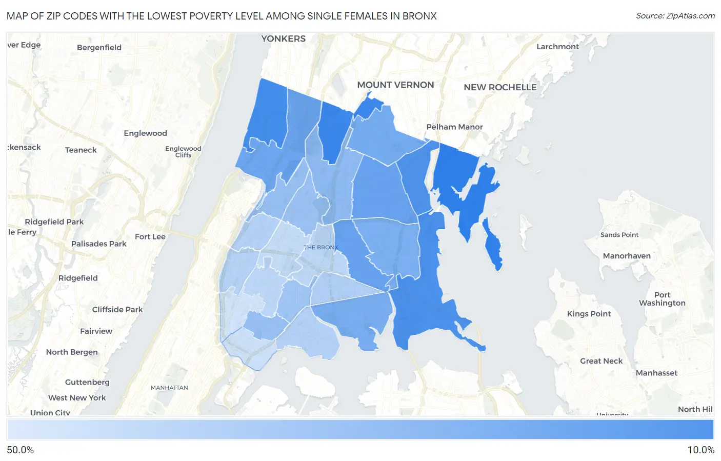 Zip Codes with the Lowest Poverty Level Among Single Females in Bronx Map