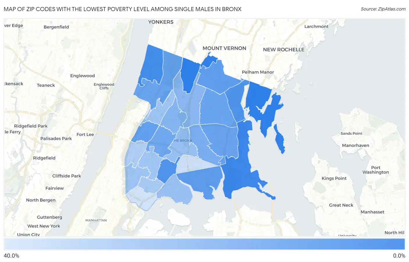 Zip Codes with the Lowest Poverty Level Among Single Males in Bronx Map