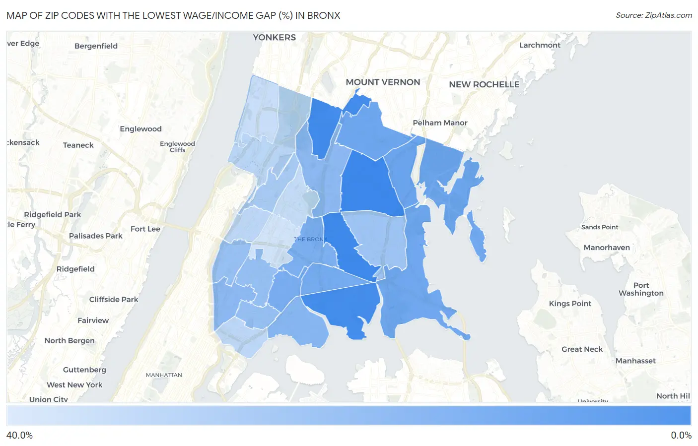 Zip Codes with the Lowest Wage/Income Gap (%) in Bronx Map