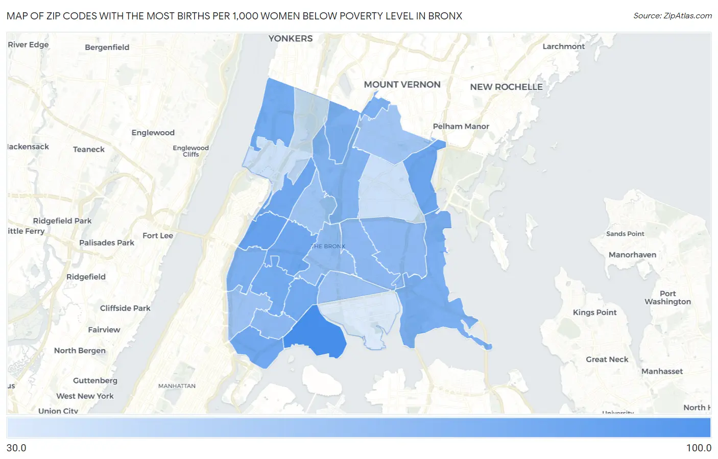 Zip Codes with the Most Births per 1,000 Women Below Poverty Level in Bronx Map