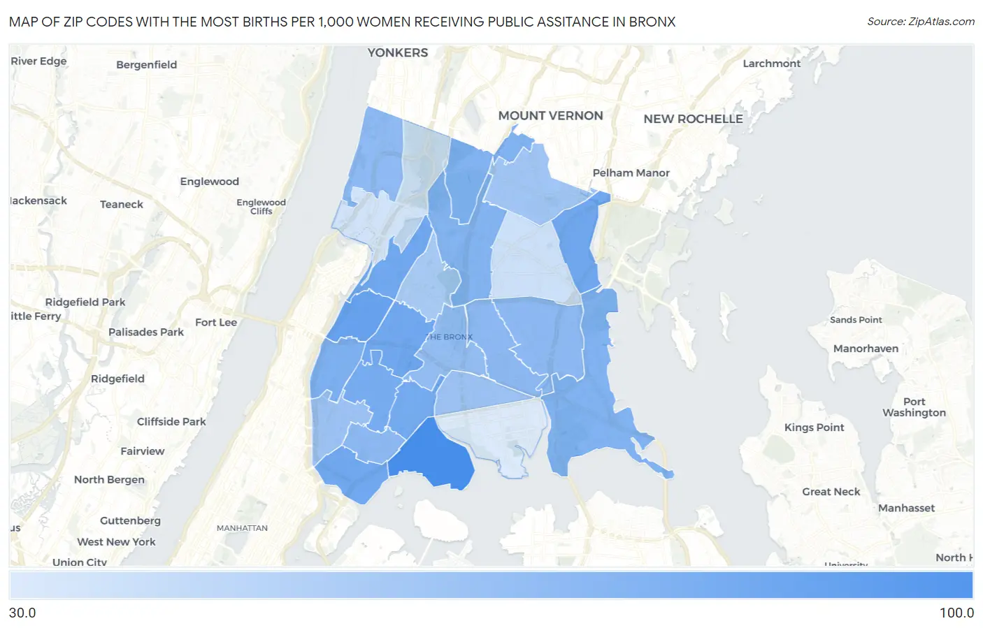 Zip Codes with the Most Births per 1,000 Women Receiving Public Assitance in Bronx Map
