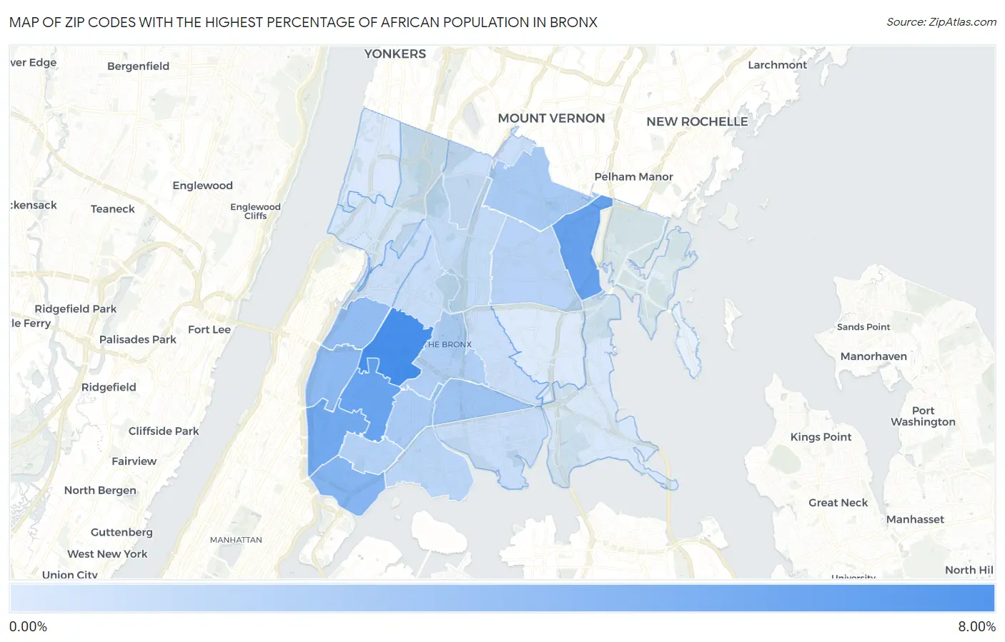 Zip Codes with the Highest Percentage of African Population in Bronx Map