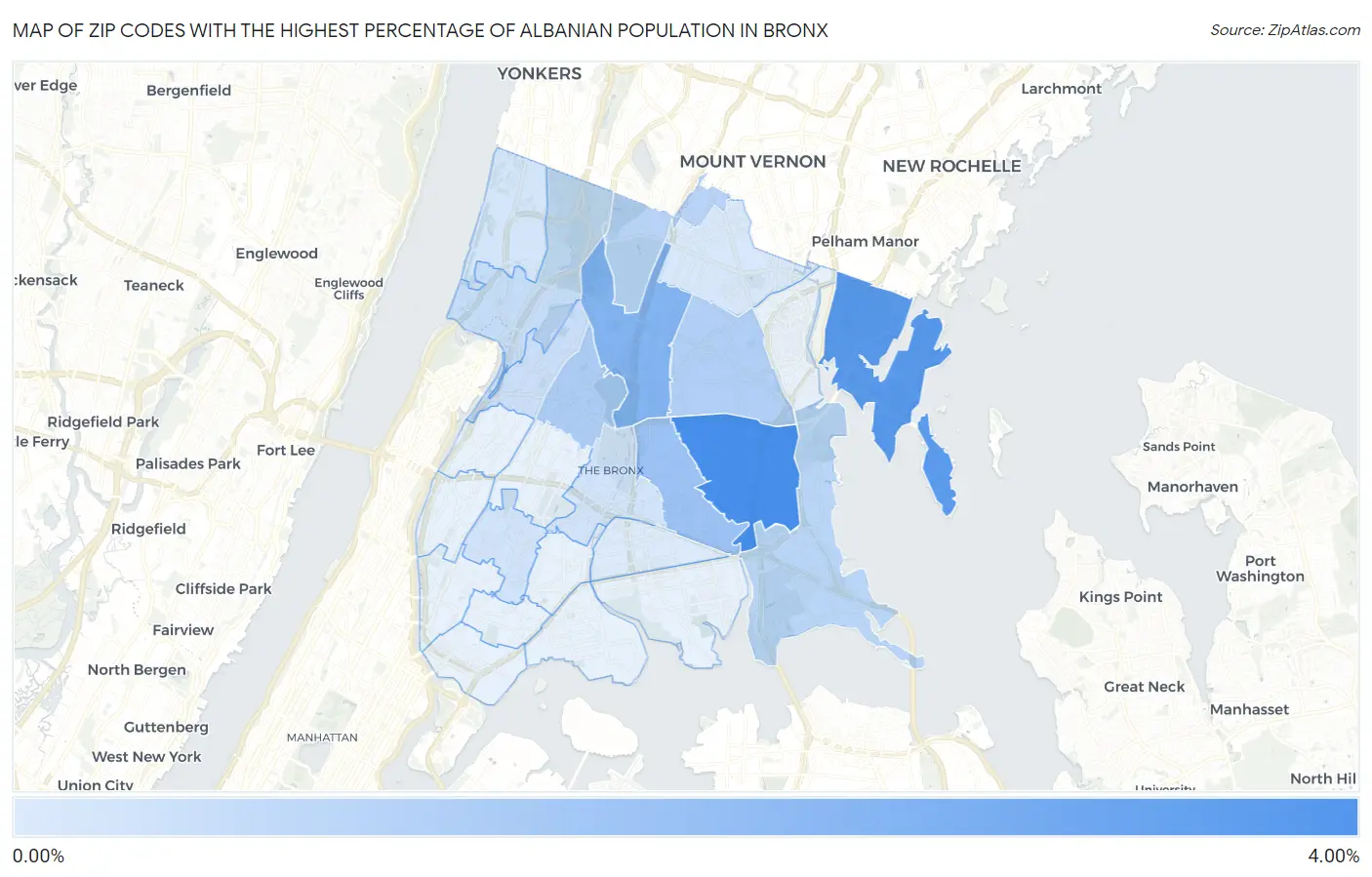 Zip Codes with the Highest Percentage of Albanian Population in Bronx Map
