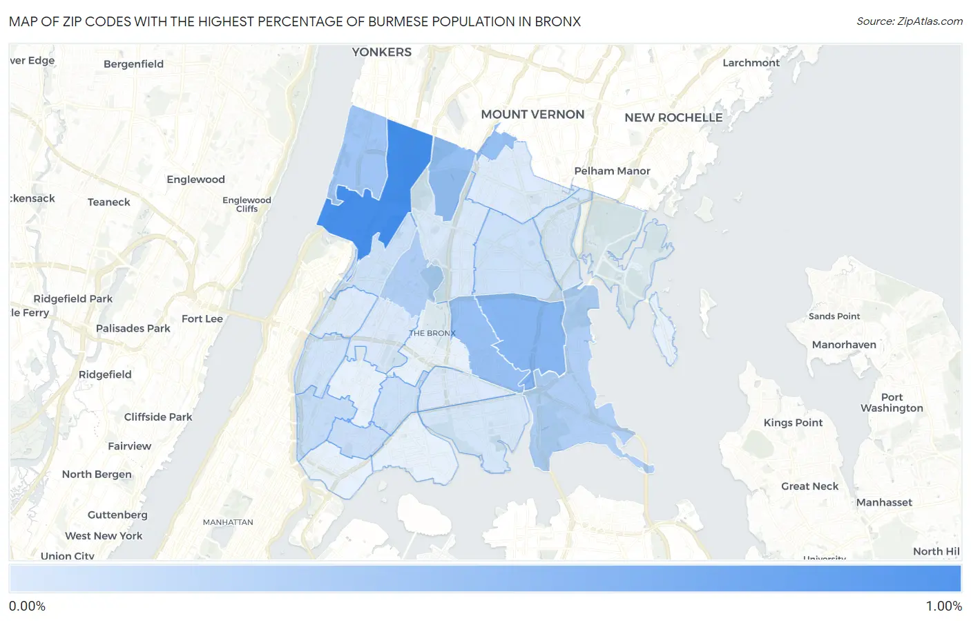 Zip Codes with the Highest Percentage of Burmese Population in Bronx Map