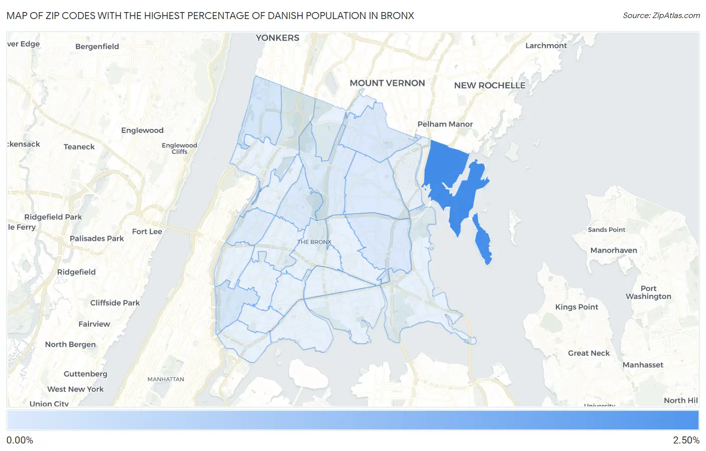 Zip Codes with the Highest Percentage of Danish Population in Bronx Map