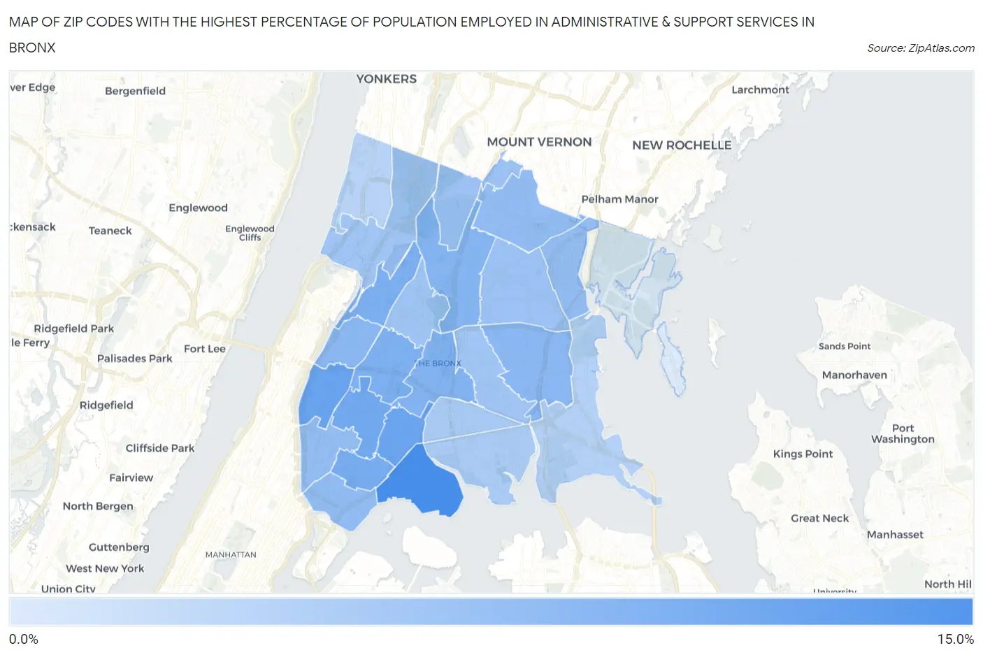 Zip Codes with the Highest Percentage of Population Employed in Administrative & Support Services in Bronx Map