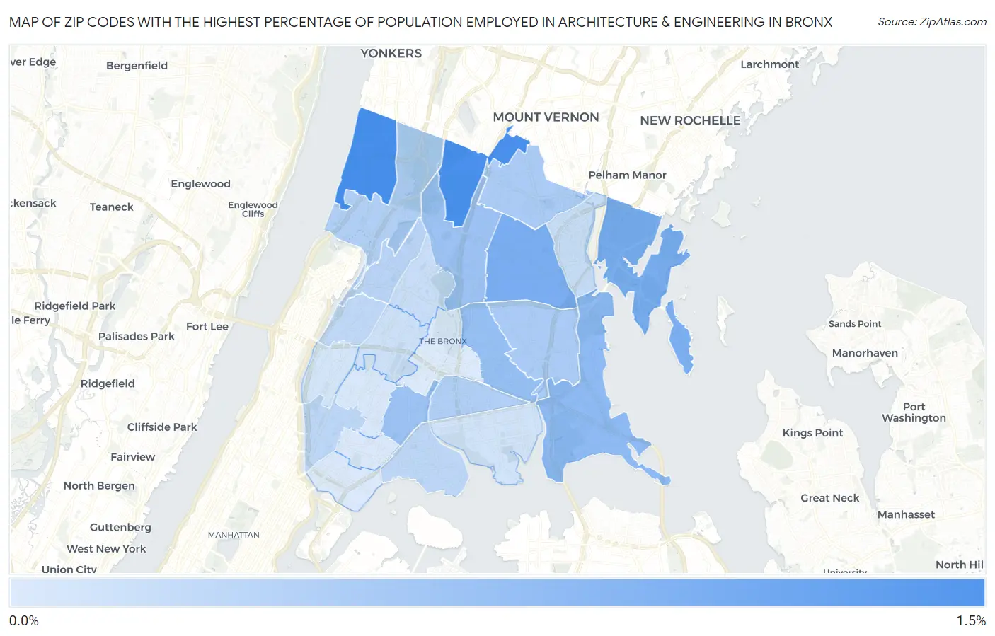 Zip Codes with the Highest Percentage of Population Employed in Architecture & Engineering in Bronx Map