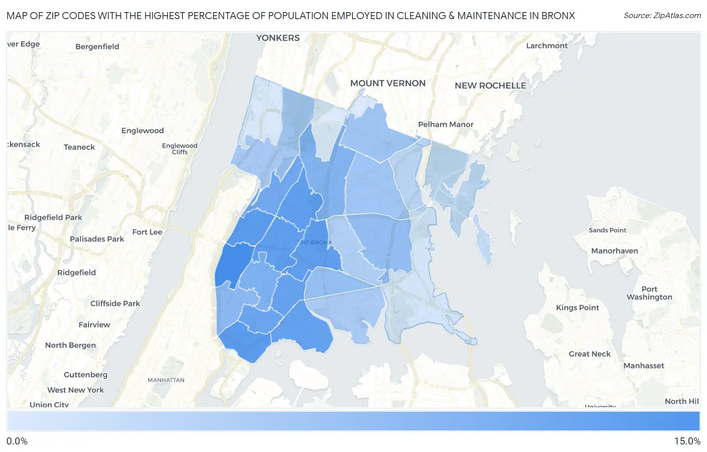 Zip Codes with the Highest Percentage of Population Employed in Cleaning & Maintenance in Bronx Map