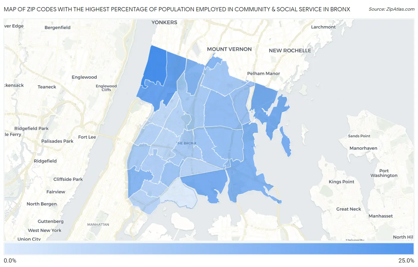 Zip Codes with the Highest Percentage of Population Employed in Community & Social Service  in Bronx Map