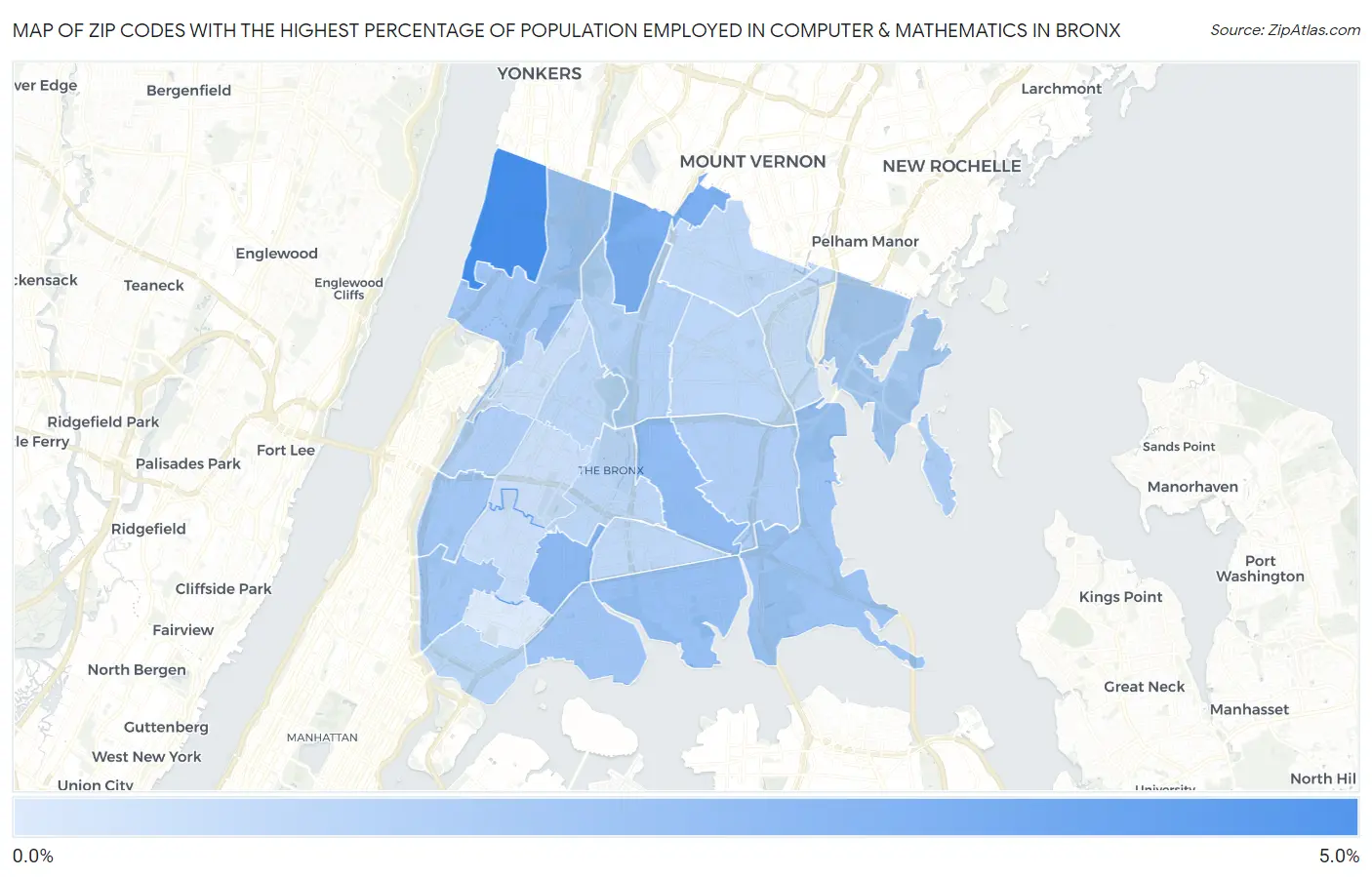 Zip Codes with the Highest Percentage of Population Employed in Computer & Mathematics in Bronx Map