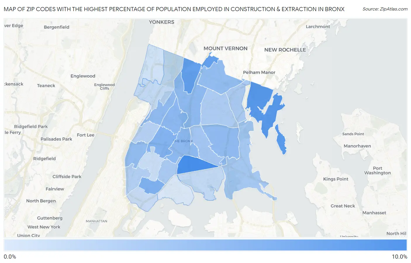 Zip Codes with the Highest Percentage of Population Employed in Construction & Extraction in Bronx Map